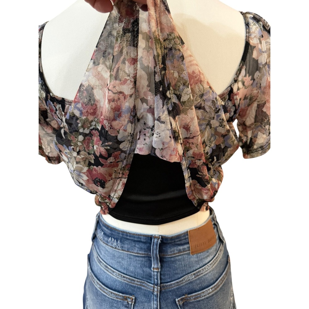 Wet Seal Floral Mesh Overlay Crop Top Built-in Cami Black XS Y2K Fairy Grunge - Picture 4 of 16
